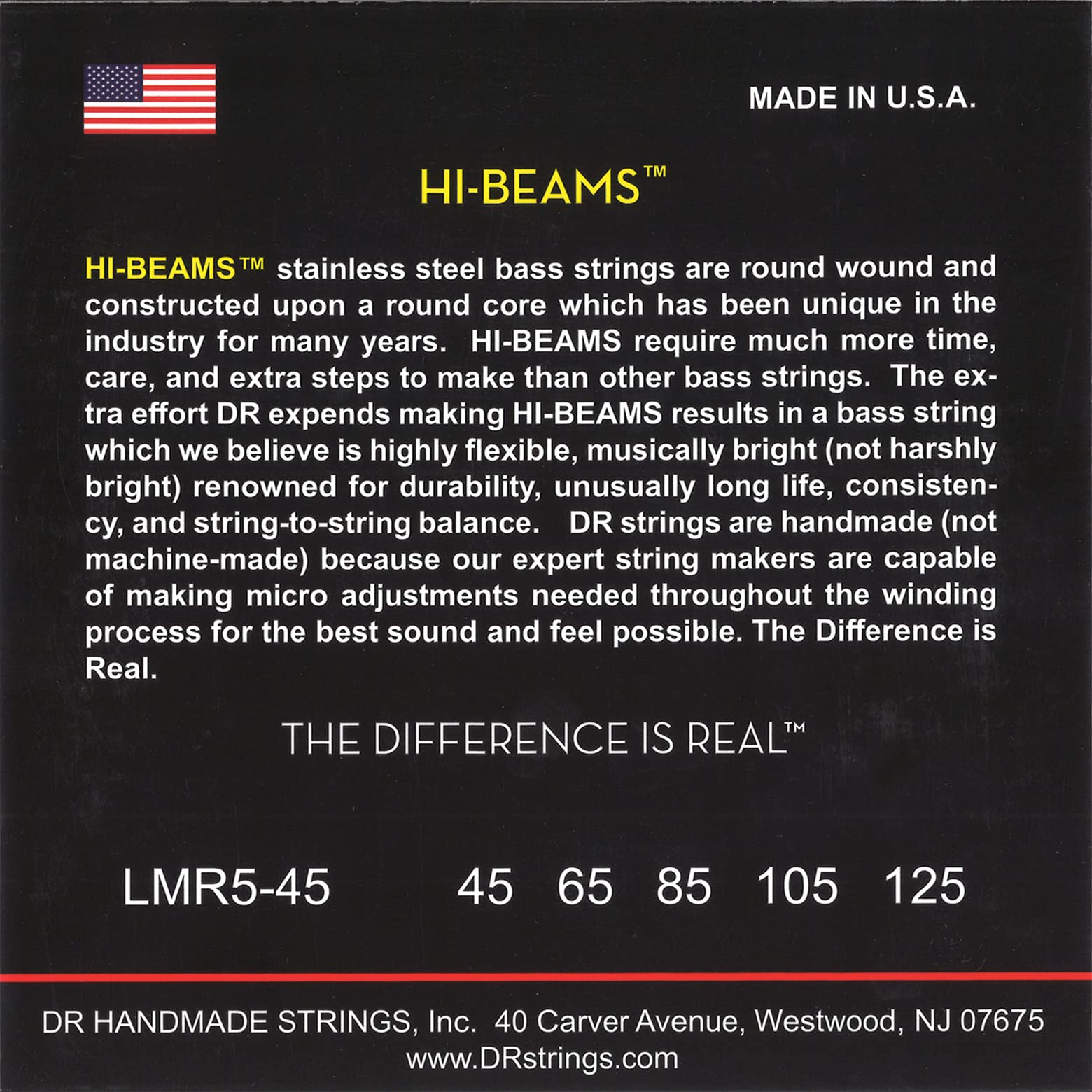 DR Strings HI-BEAMS - Stainless Steel 5-String Bass Guitar Strings X-long Scale, 45-125, Round Core